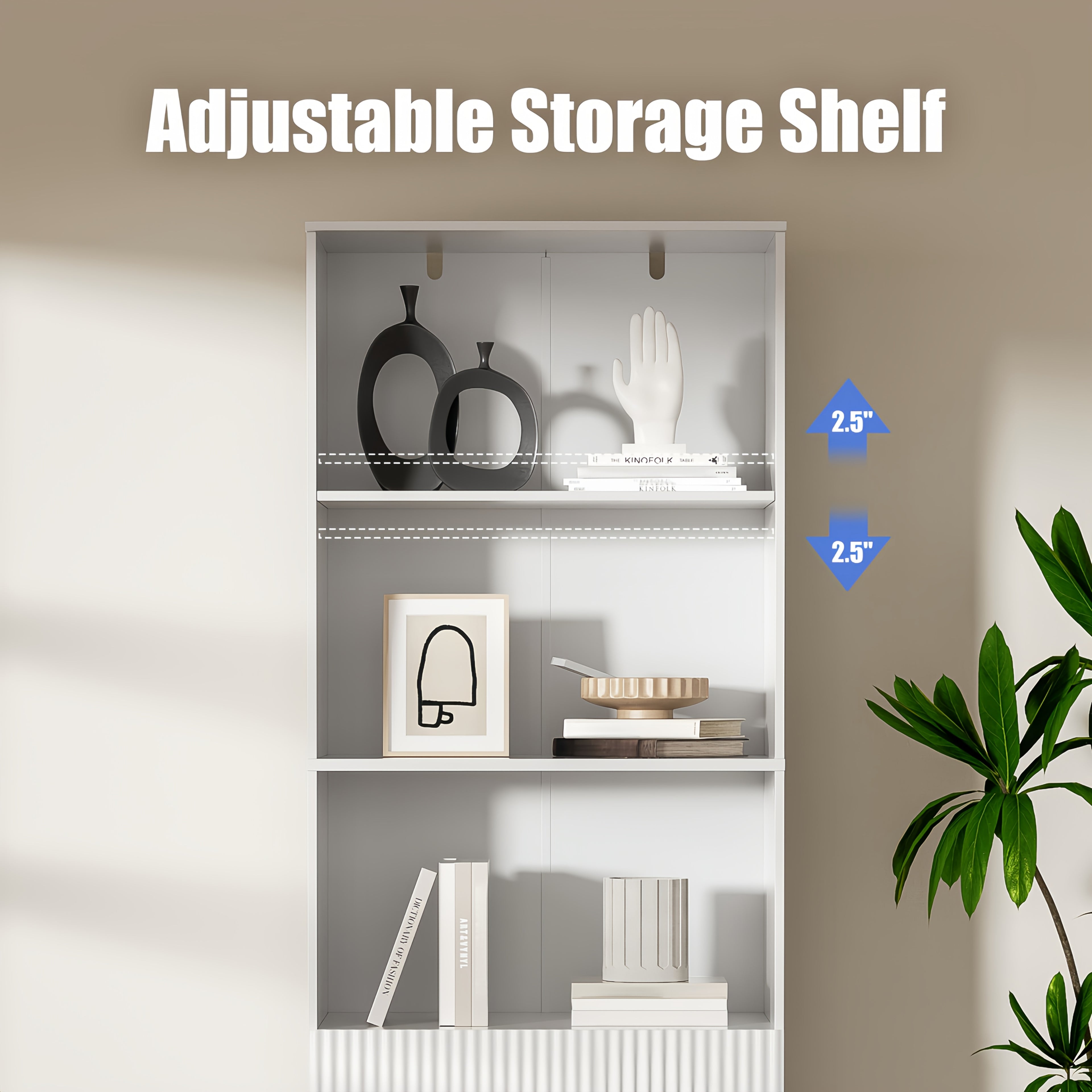 Modern White\u002FBlack\u002FOak Bookshelf with Arc Wave Design & Adjustable Shelves - Tall 63\