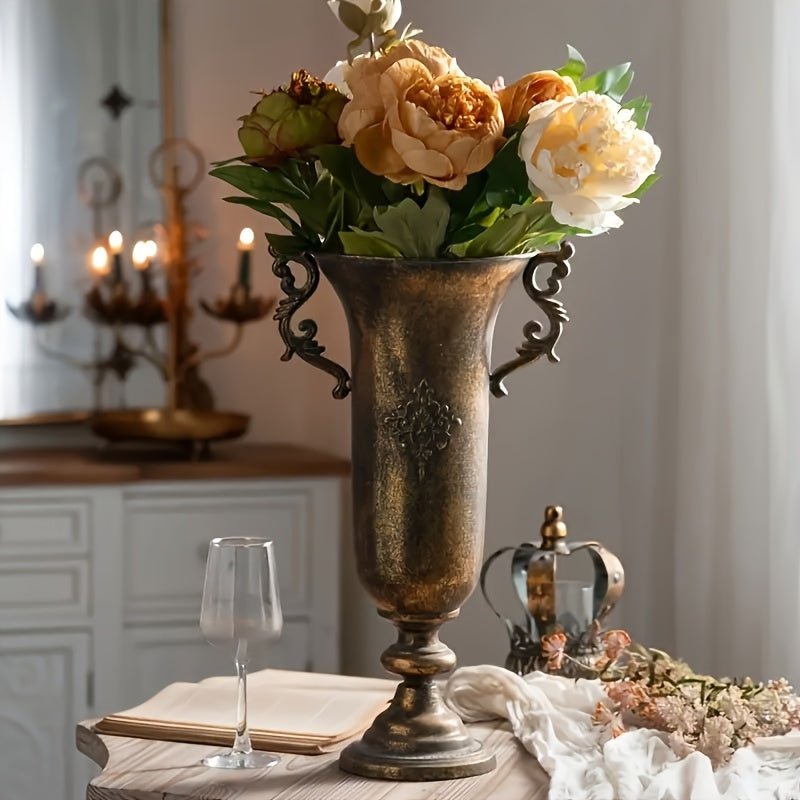 Vintage Metal Pedestal Vase, Vintage Golden Floral Embossed Floor Vase with Handles for Farmhouse Living Room & Entryway Decor