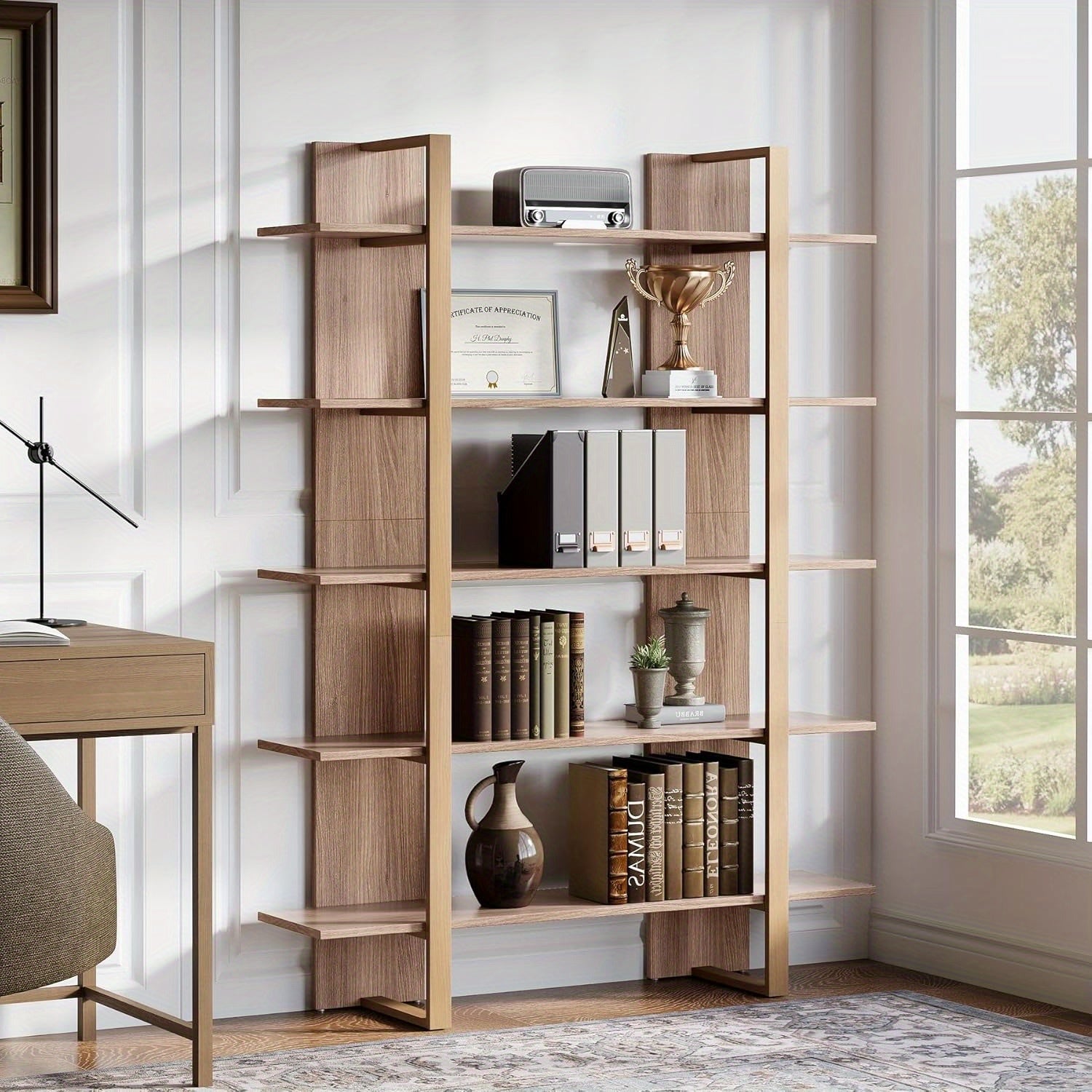 Boho Bookcase 5-Tier Book Shelf, 47 Inches Wide Bookcase | Boho Open Bookshelves Etagere Display Office Shelving Unit for Living Room, Office & Bedroom - Unique Wooden Decor Furniture, Christmas Decorations for Home, Easy Assembly, Mounted Closet Systems