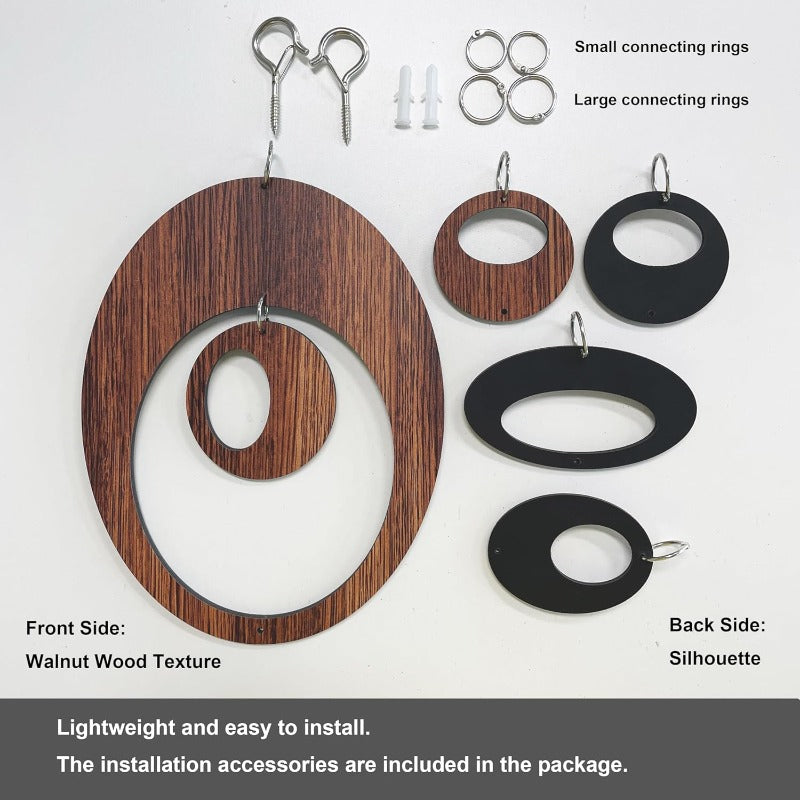 30pcs Mid Century Modern Wall Art Walnut Atomic Ovals | Decorative PVC Room Dividers for Bedroom, Dining, Study | Size 14.2\