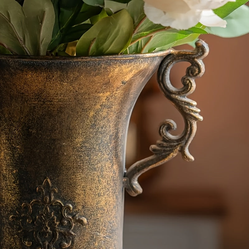 Vintage Metal Pedestal Vase, Vintage Golden Floral Embossed Floor Vase with Handles for Farmhouse Living Room & Entryway Decor