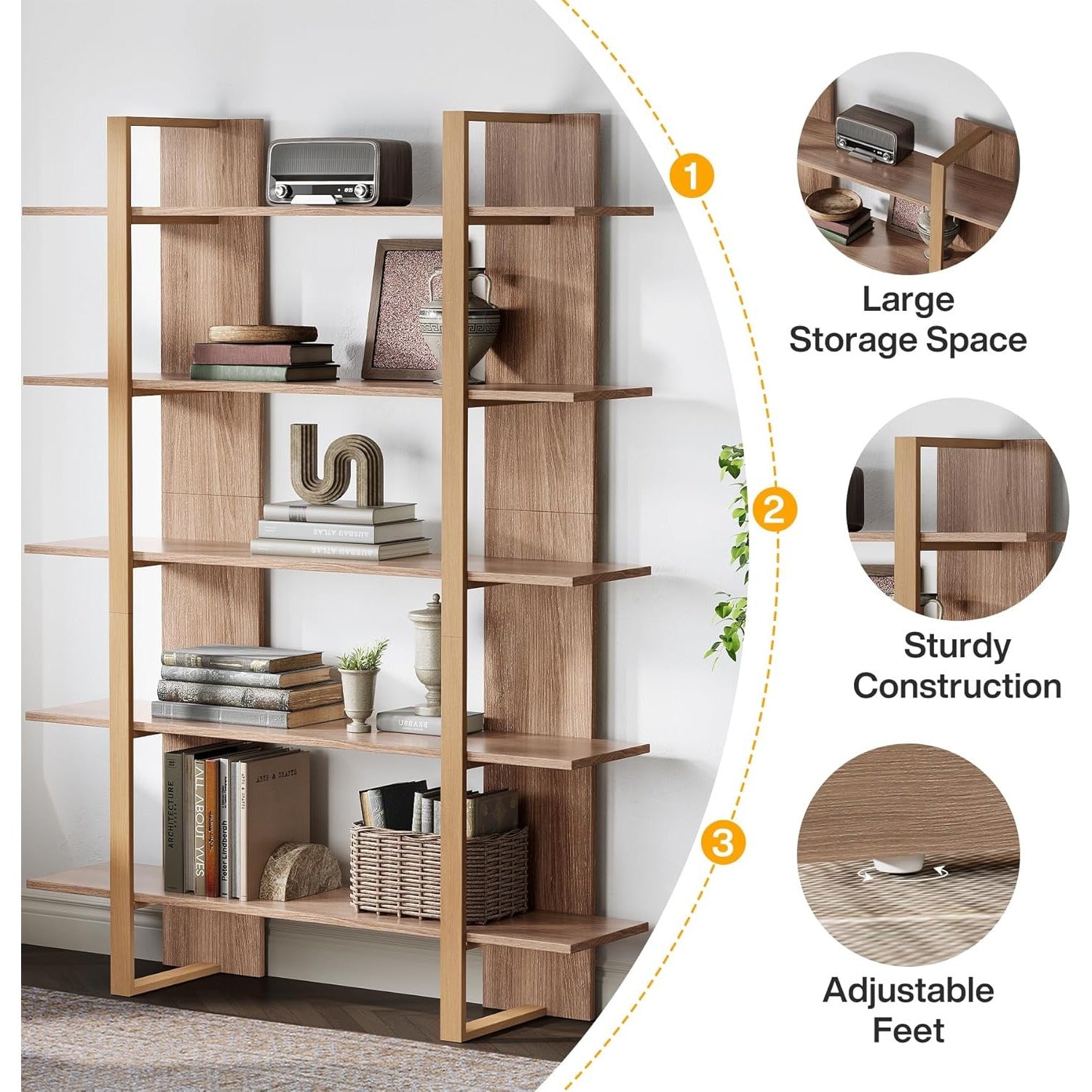 Boho Bookcase 5-Tier Book Shelf, 47 Inches Wide Bookcase | Boho Open Bookshelves Etagere Display Office Shelving Unit for Living Room, Office & Bedroom - Unique Wooden Decor Furniture, Christmas Decorations for Home, Easy Assembly, Mounted Closet Systems