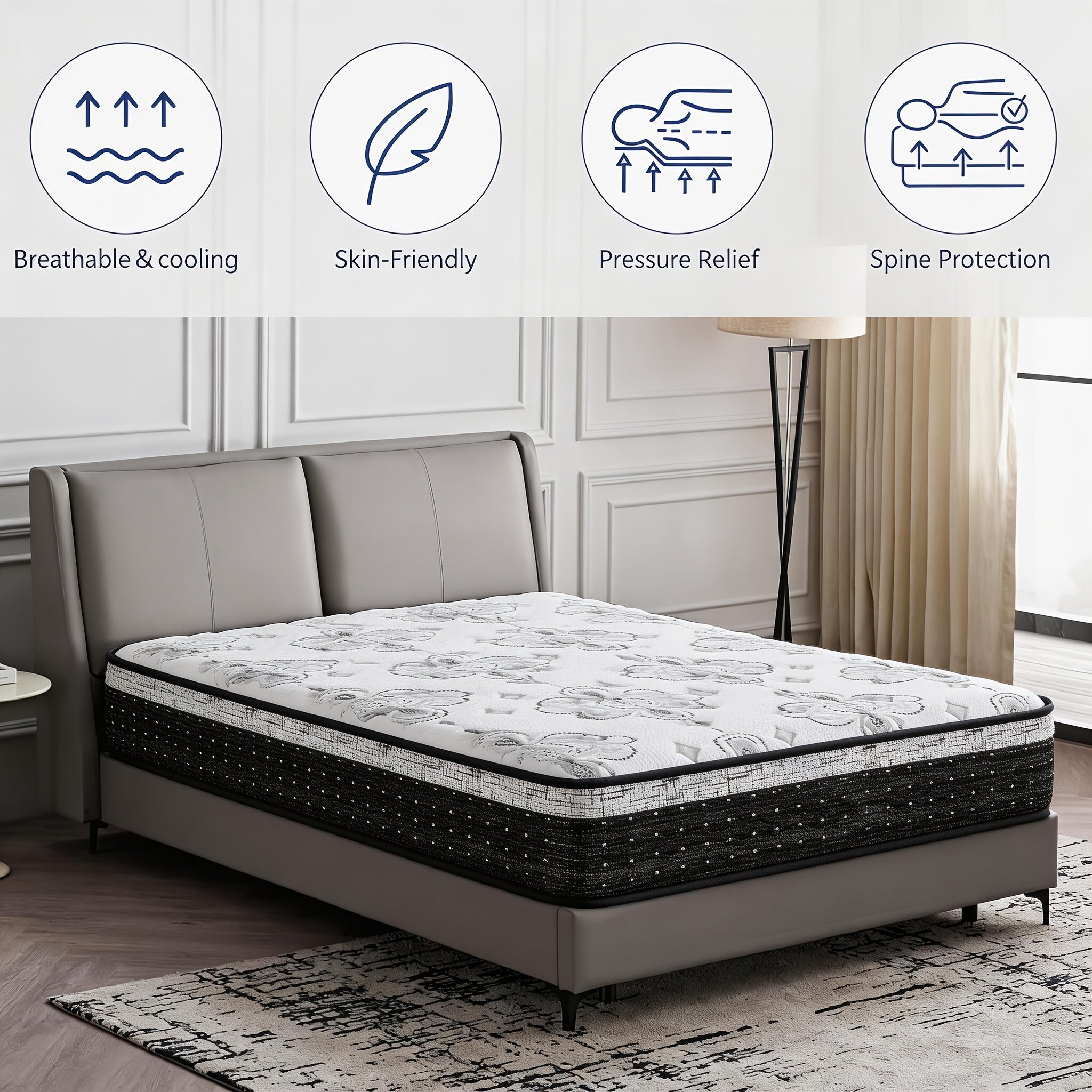 12\u002F14 Inch White Hybrid Mattress with Black Edge, Medium Firmness, Anti-Vibration Springs, 7-Zone High-Resilience Memory Foam for Precise Contouring, Optimal Lumbar Support. Suitable for Home And Hotel