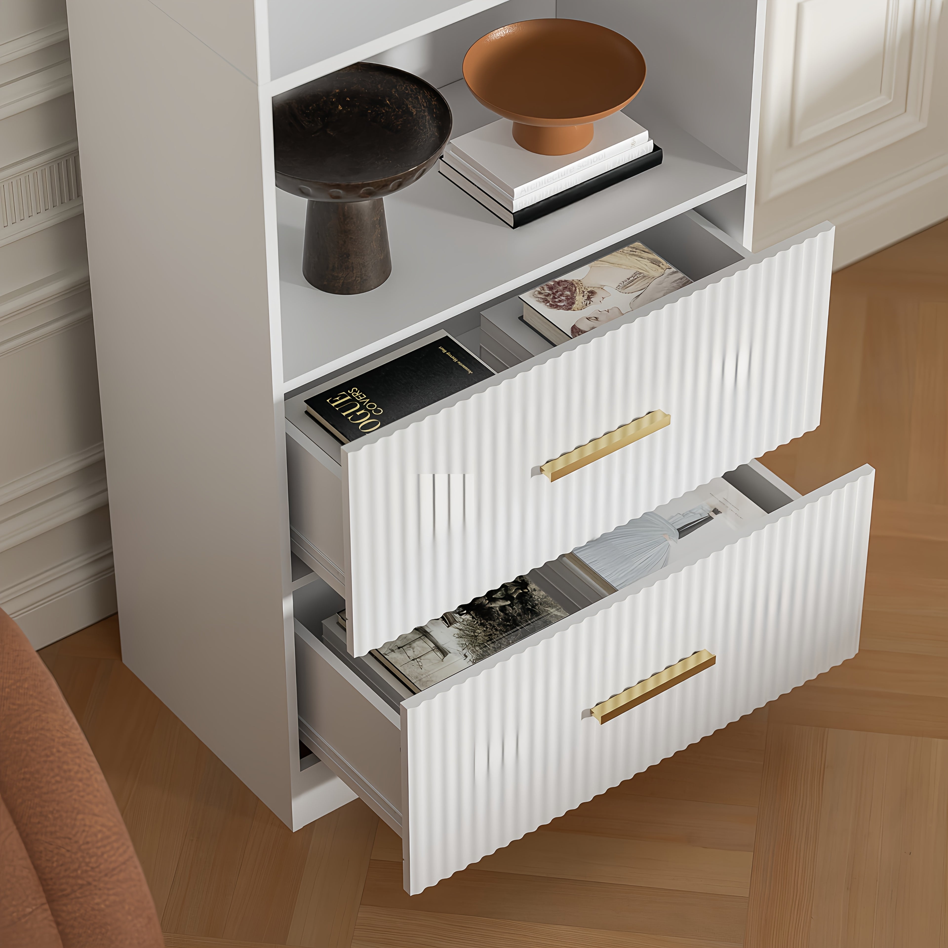 Modern White\u002FBlack\u002FOak Bookshelf with Arc Wave Design & Adjustable Shelves - Tall 63\