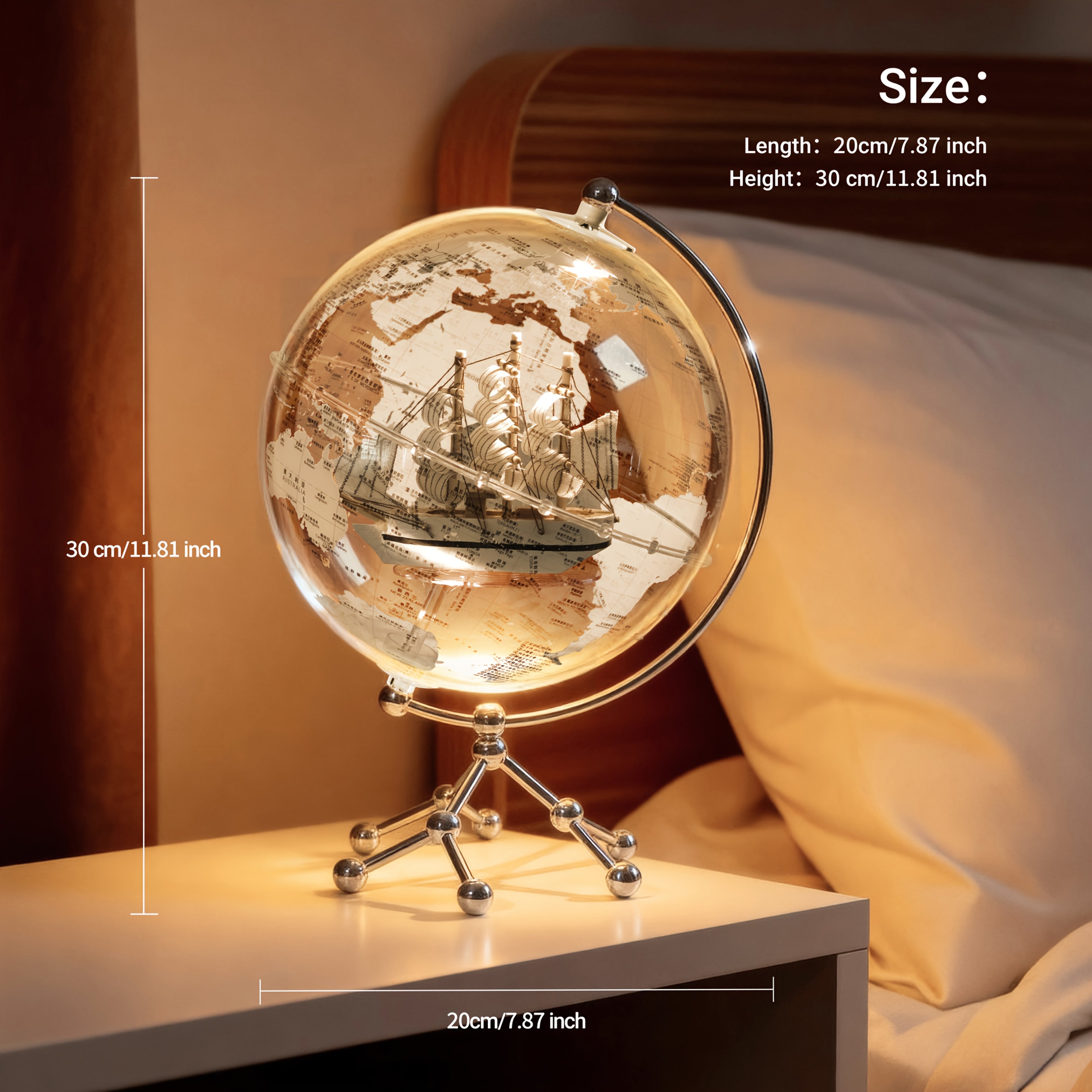 7.87inch LED Illuminated Earth Globe with Warm White Light and Metal Stand, Clear Lighted Sphere Featuring Detailed World Map, Premium Desktop, Bookshelf & Home Decoration Gift, Acrylic Construction