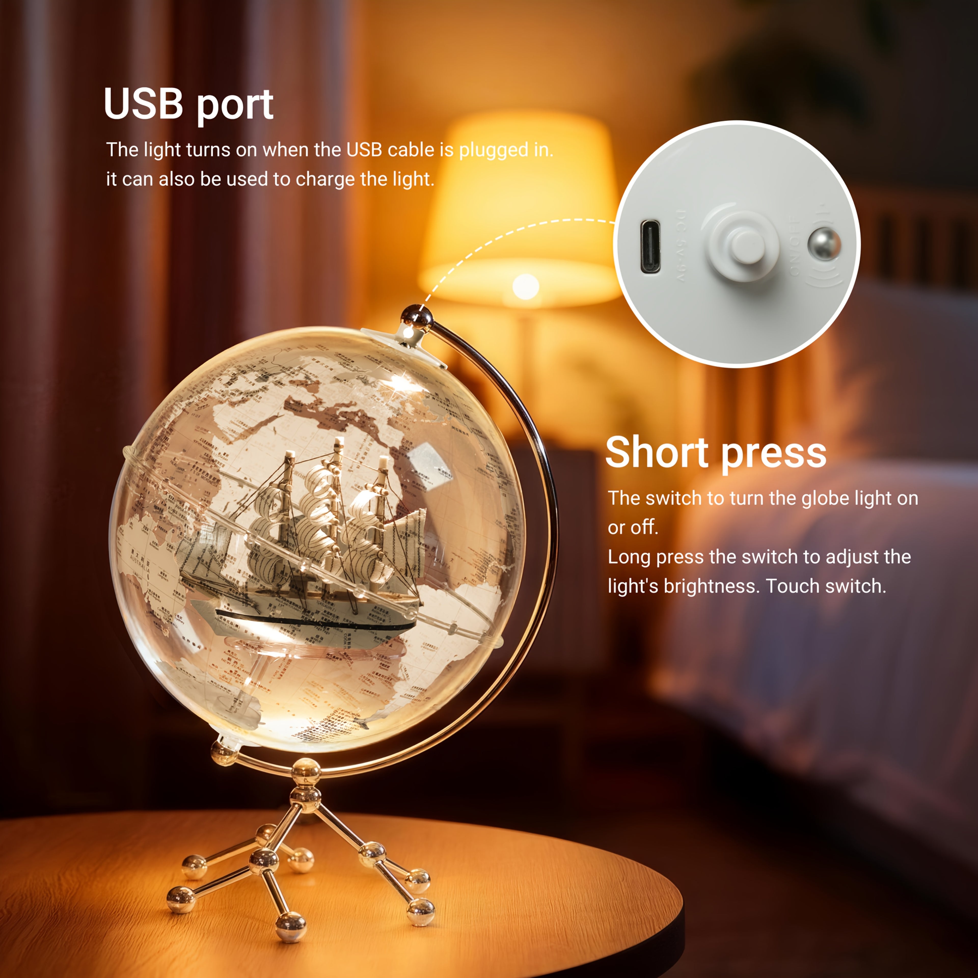 7.87inch LED Illuminated Earth Globe with Warm White Light and Metal Stand, Clear Lighted Sphere Featuring Detailed World Map, Premium Desktop, Bookshelf & Home Decoration Gift, Acrylic Construction