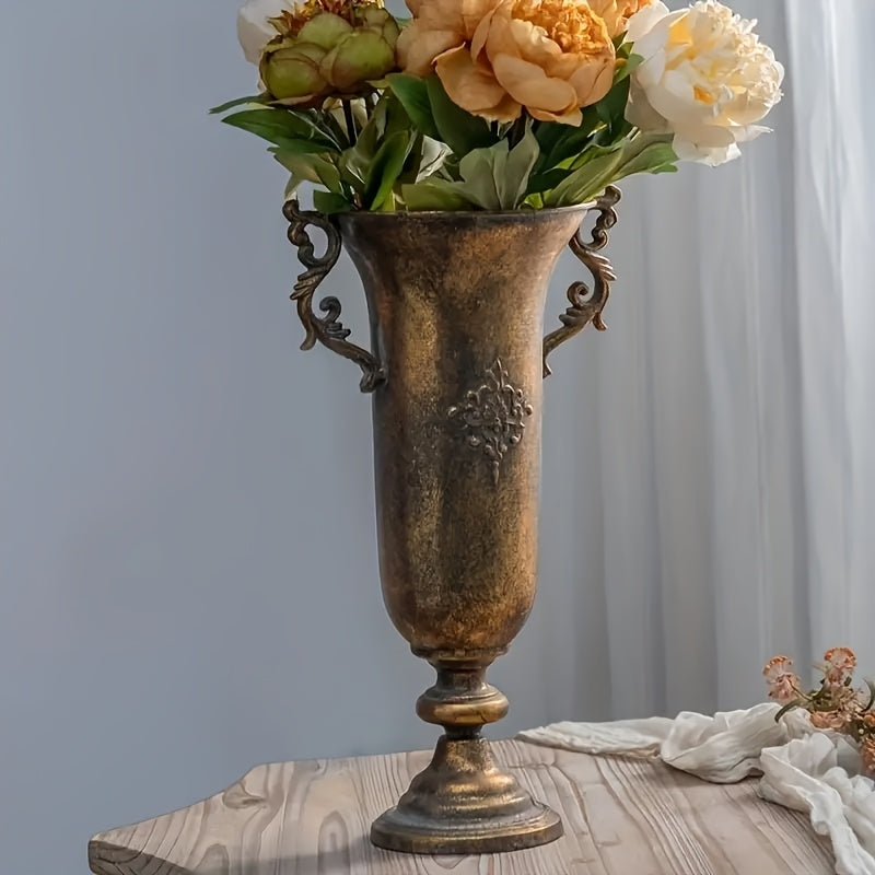 Vintage Metal Pedestal Vase, Vintage Golden Floral Embossed Floor Vase with Handles for Farmhouse Living Room & Entryway Decor