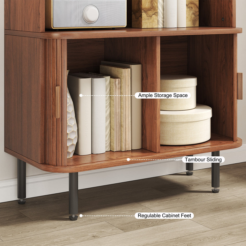 71-Inch Bookshelf Featuring 4 Shelves, Storage Cabinets, Adjustable Shelves with Sliding Doors, And Adjustable Feet, Suitable for Home Office Or Living Room in Walnut Finish.