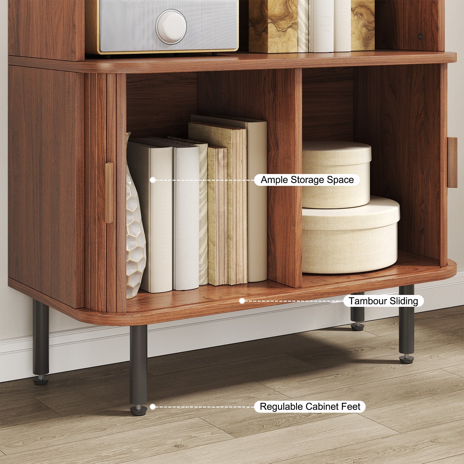 71-Inch Bookshelf Featuring 4 Shelves, Storage Cabinets, Adjustable Shelves with Sliding Doors, And Adjustable Feet, Suitable for Home Office Or Living Room in Walnut Finish.