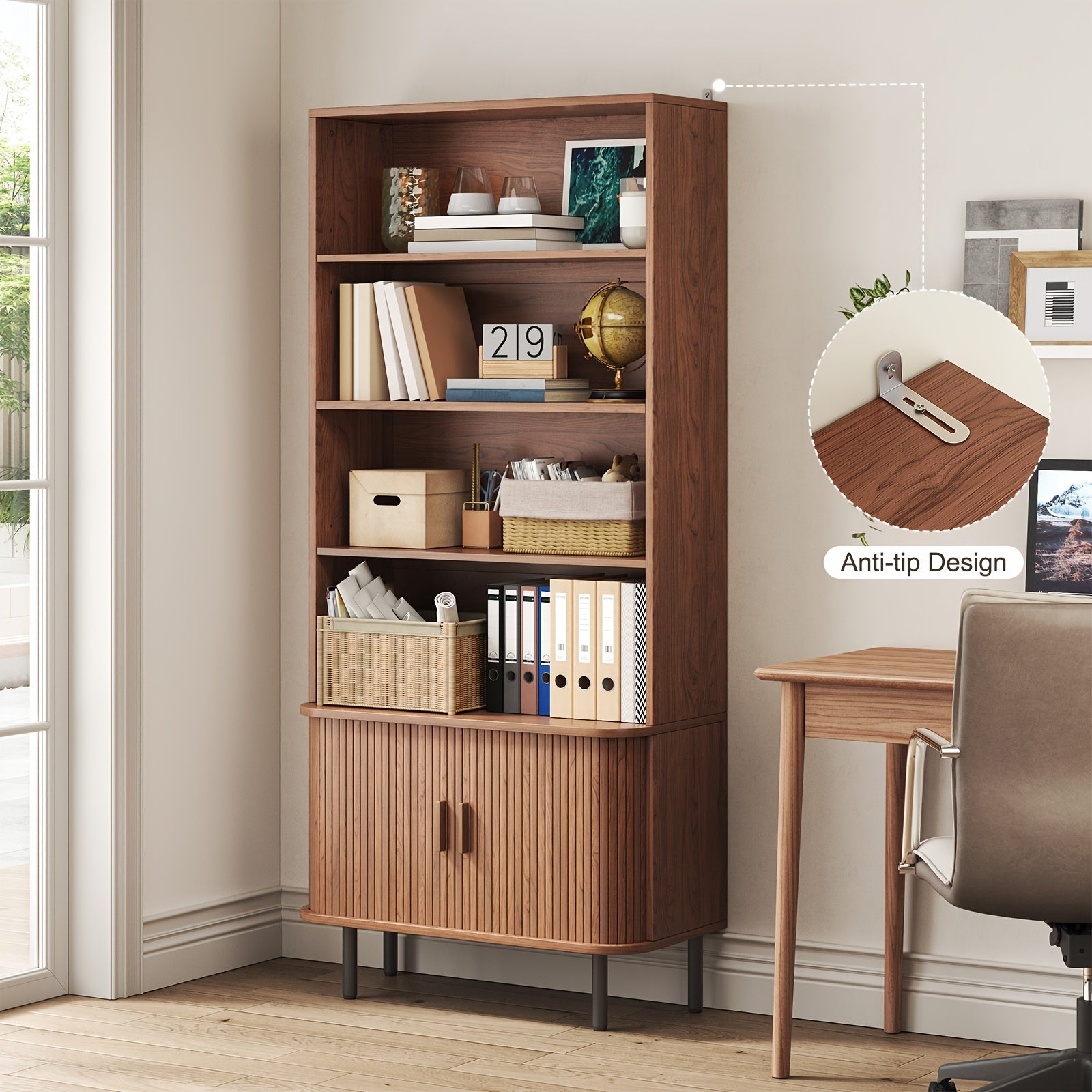 71-Inch Bookshelf Featuring 4 Shelves, Storage Cabinets, Adjustable Shelves with Sliding Doors, And Adjustable Feet, Suitable for Home Office Or Living Room in Walnut Finish.
