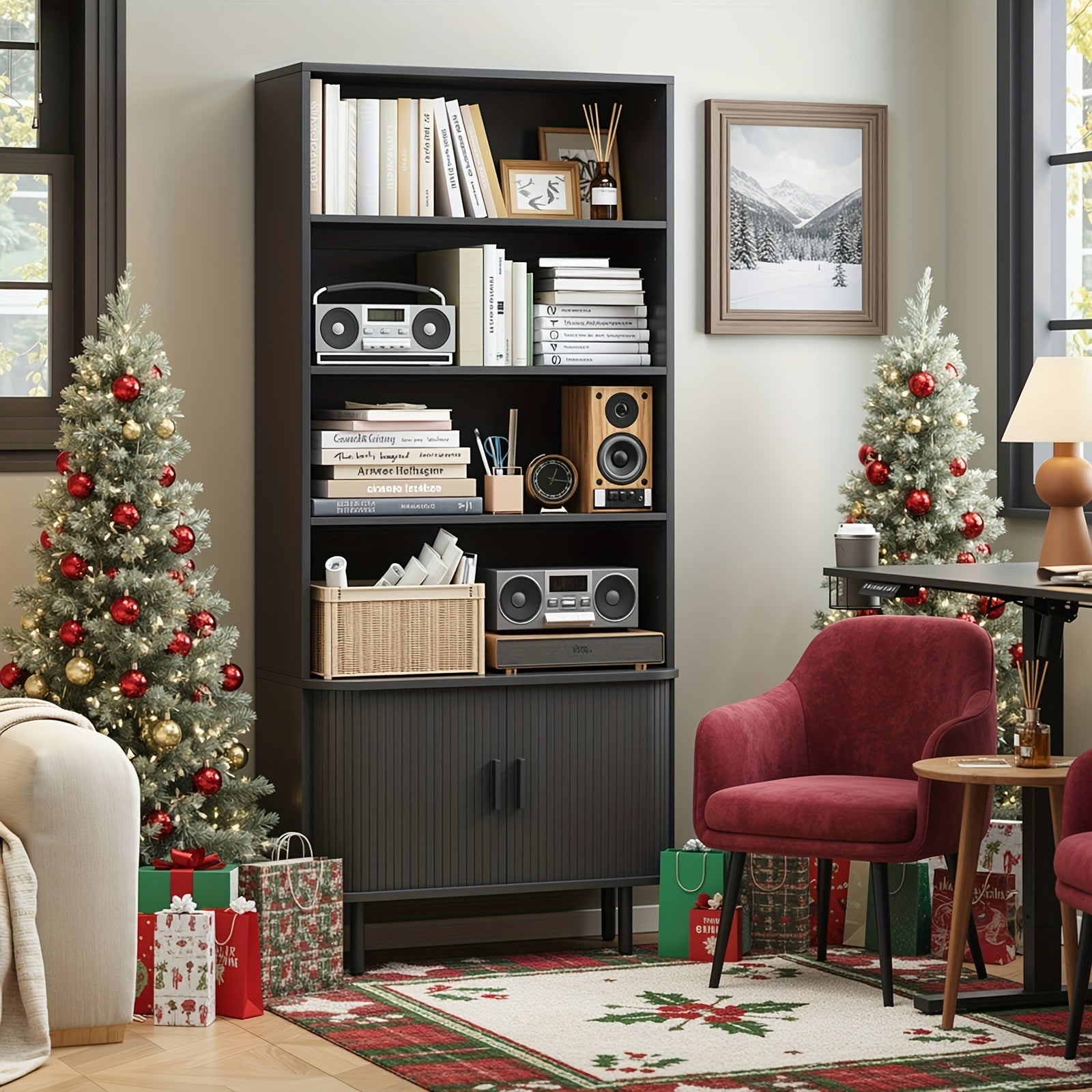 71-Inch Bookshelf Featuring 4 Shelves, Storage Cabinets, Adjustable Shelves with Sliding Doors, And Adjustable Feet, Suitable for Home Office Or Living Room in Walnut Finish.