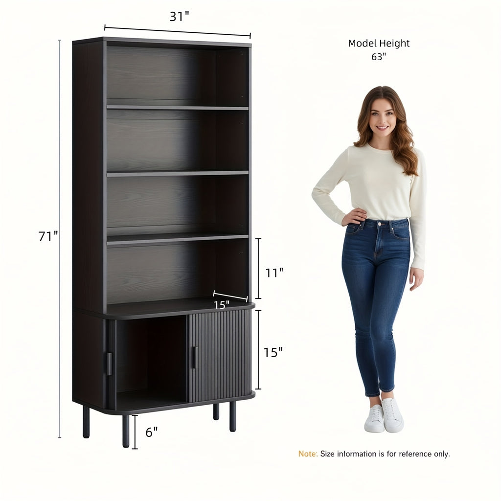 71-Inch Bookshelf Featuring 4 Shelves, Storage Cabinets, Adjustable Shelves with Sliding Doors, And Adjustable Feet, Suitable for Home Office Or Living Room in Walnut Finish.