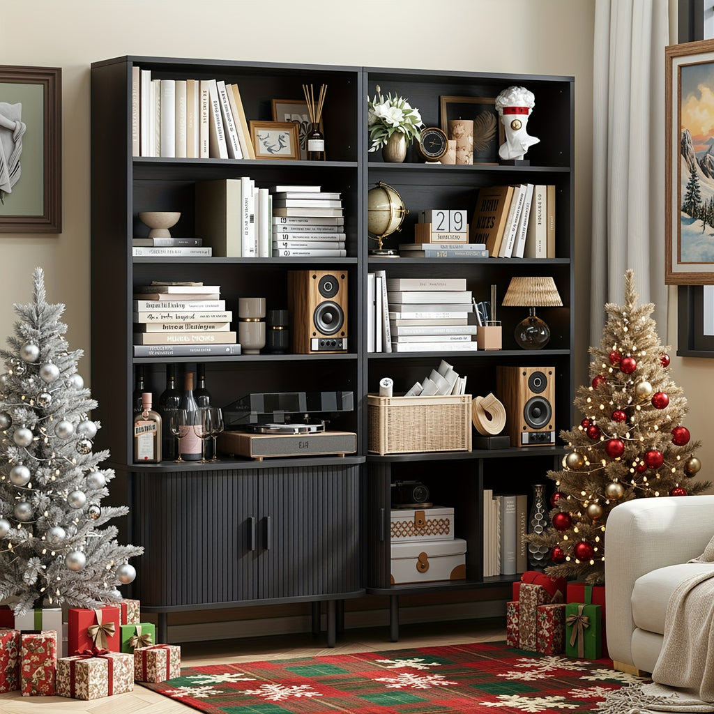 71-Inch Bookshelf Featuring 4 Shelves, Storage Cabinets, Adjustable Shelves with Sliding Doors, And Adjustable Feet, Suitable for Home Office Or Living Room in Walnut Finish.