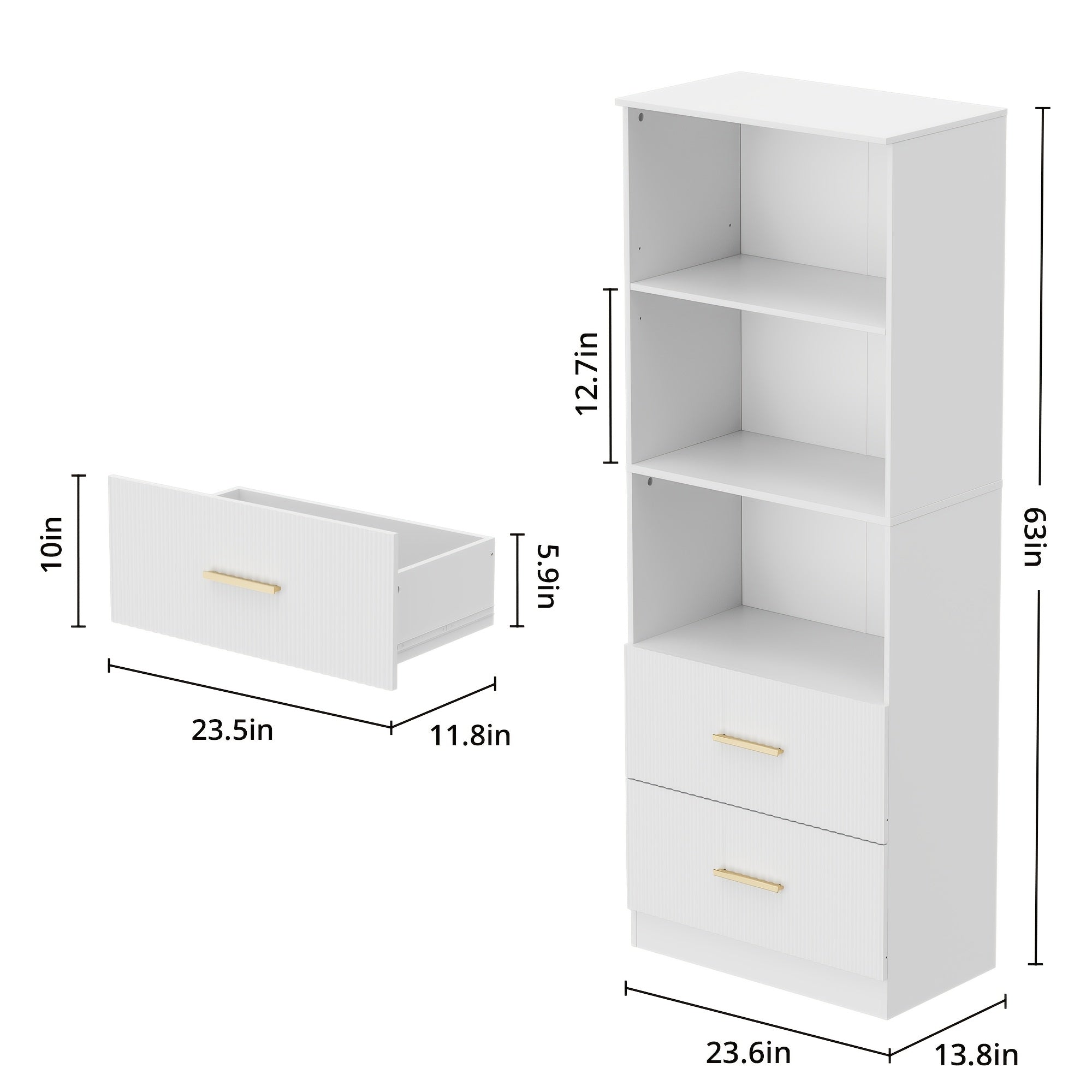 Modern White\u002FBlack\u002FOak Bookshelf with Arc Wave Design & Adjustable Shelves - Tall 63\