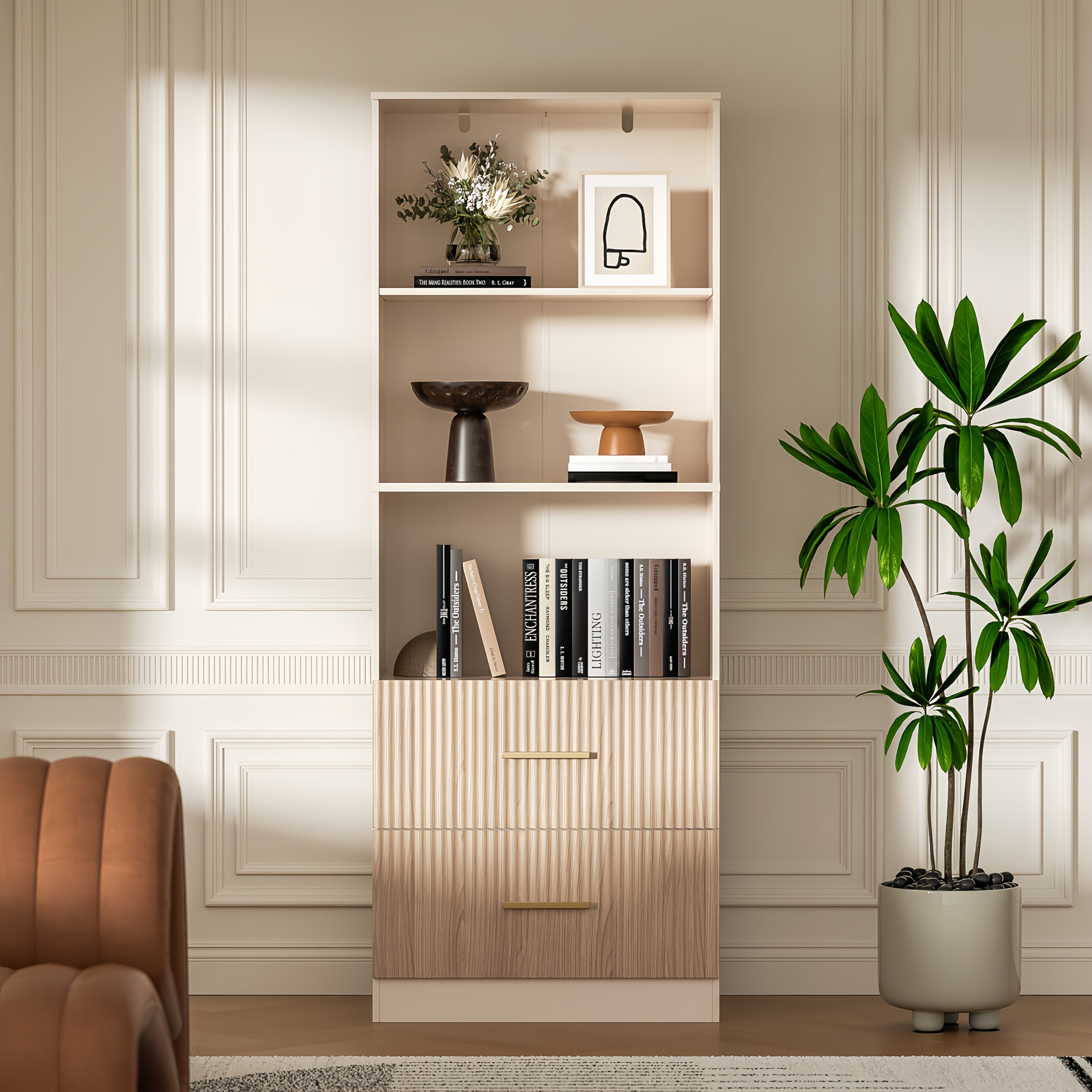 Modern White\u002FBlack\u002FOak Bookshelf with Arc Wave Design & Adjustable Shelves - Tall 63\