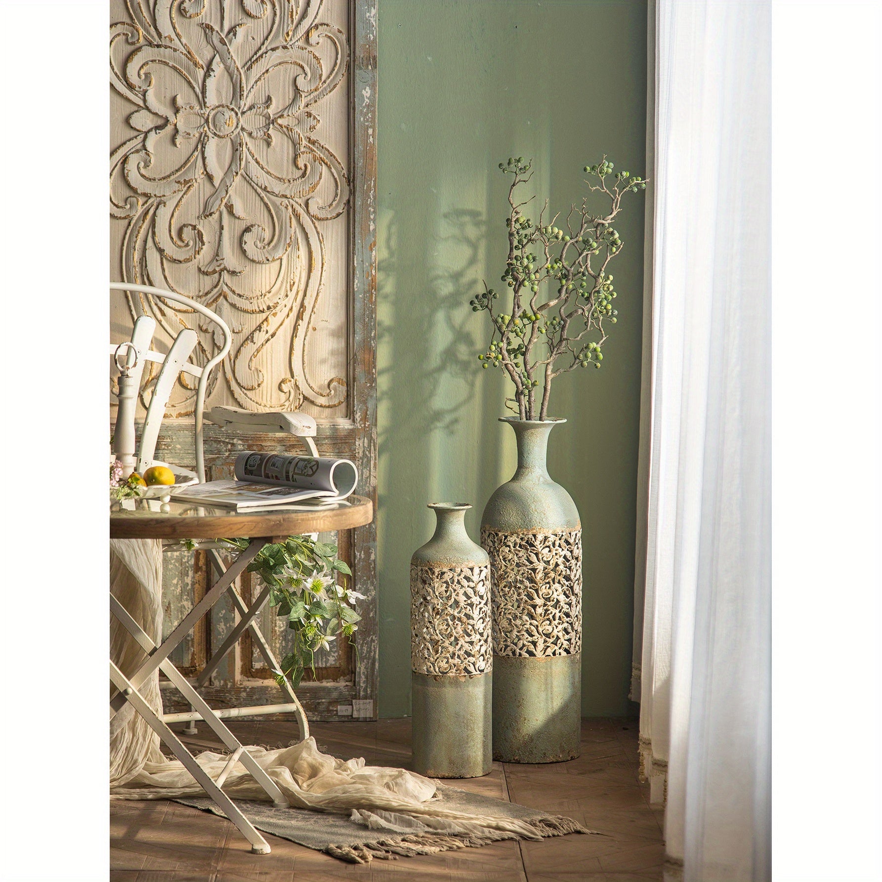 Vintage Metal Floor Vase, Tall Rustic Farmhouse Decorative Vase With Floral Cutout For Living Room Or Entryway