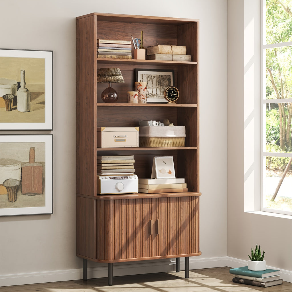 71-Inch Bookshelf Featuring 4 Shelves, Storage Cabinets, Adjustable Shelves with Sliding Doors, And Adjustable Feet, Suitable for Home Office Or Living Room in Walnut Finish.