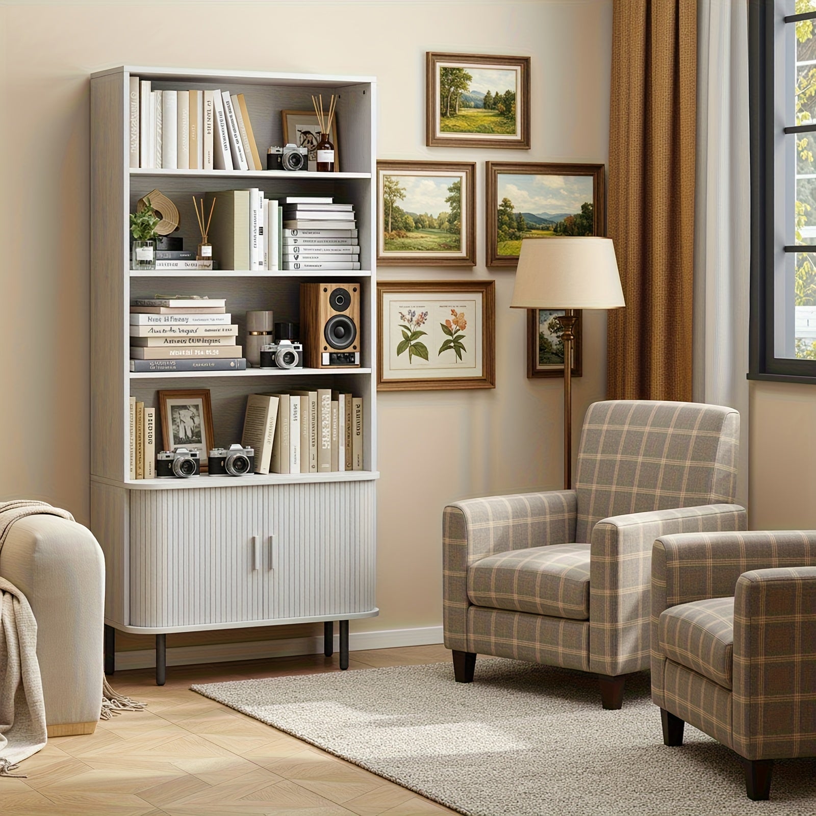 71-Inch Bookshelf Featuring 4 Shelves, Storage Cabinets, Adjustable Shelves with Sliding Doors, And Adjustable Feet, Suitable for Home Office Or Living Room in Walnut Finish.