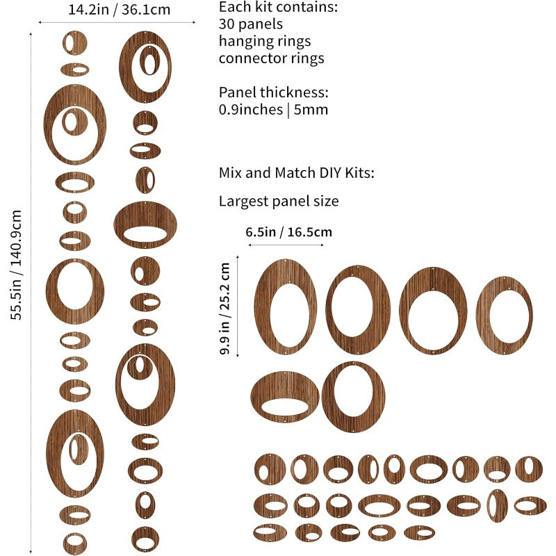 30pcs Mid Century Modern Wall Art Walnut Atomic Ovals | Decorative PVC Room Dividers for Bedroom, Dining, Study | Size 14.2\