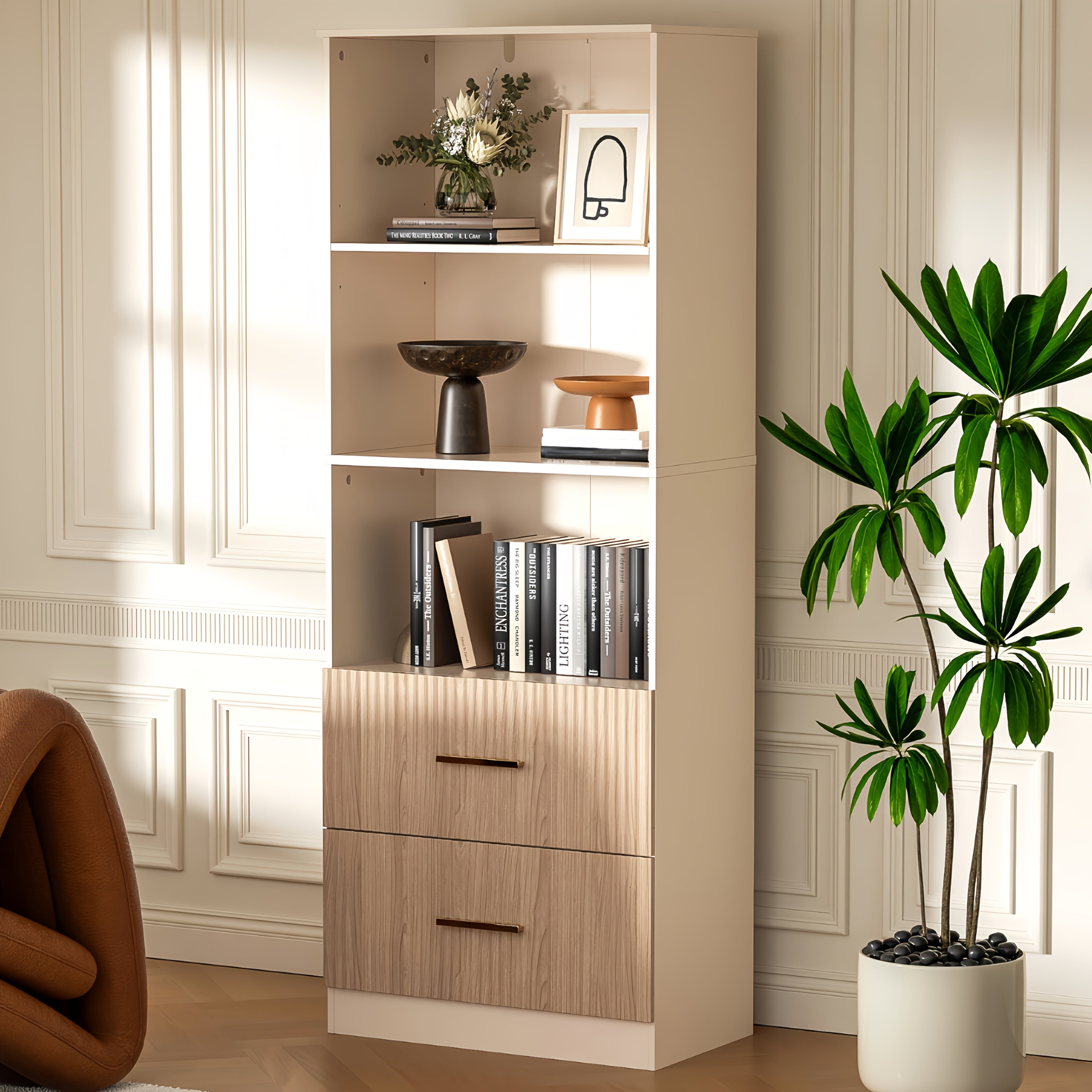 Modern White\u002FBlack\u002FOak Bookshelf with Arc Wave Design & Adjustable Shelves - Tall 63\