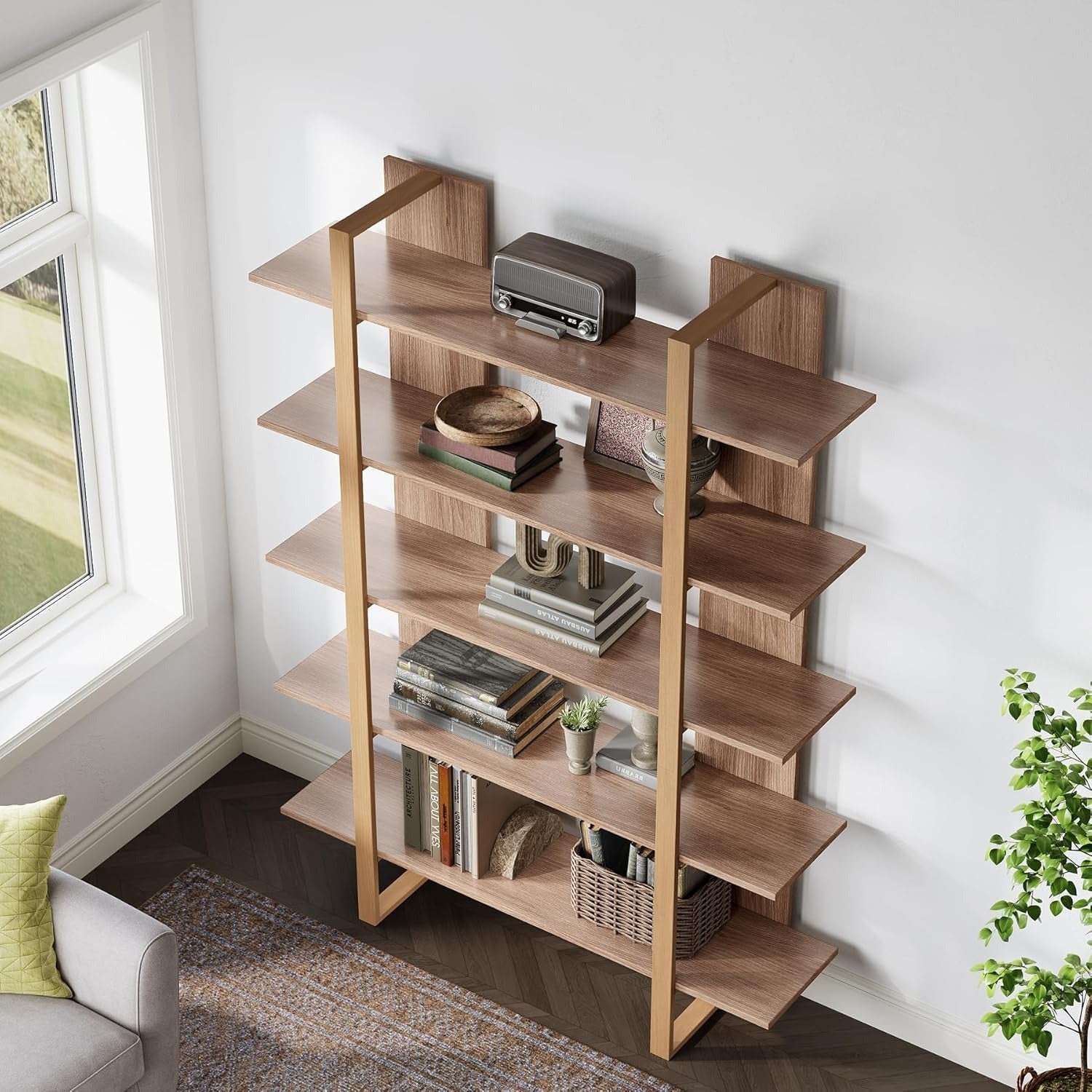 Boho Bookcase 5-Tier Book Shelf, 47 Inches Wide Bookcase | Boho Open Bookshelves Etagere Display Office Shelving Unit for Living Room, Office & Bedroom - Unique Wooden Decor Furniture, Christmas Decorations for Home, Easy Assembly, Mounted Closet Systems