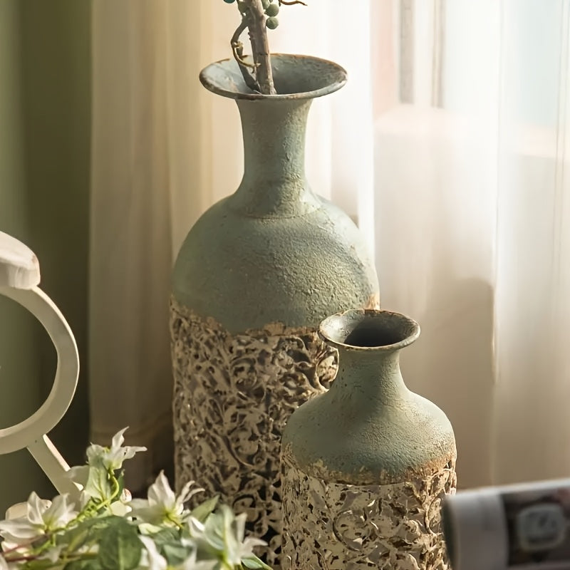 Vintage Metal Floor Vase, Tall Rustic Farmhouse Decorative Vase With Floral Cutout For Living Room Or Entryway