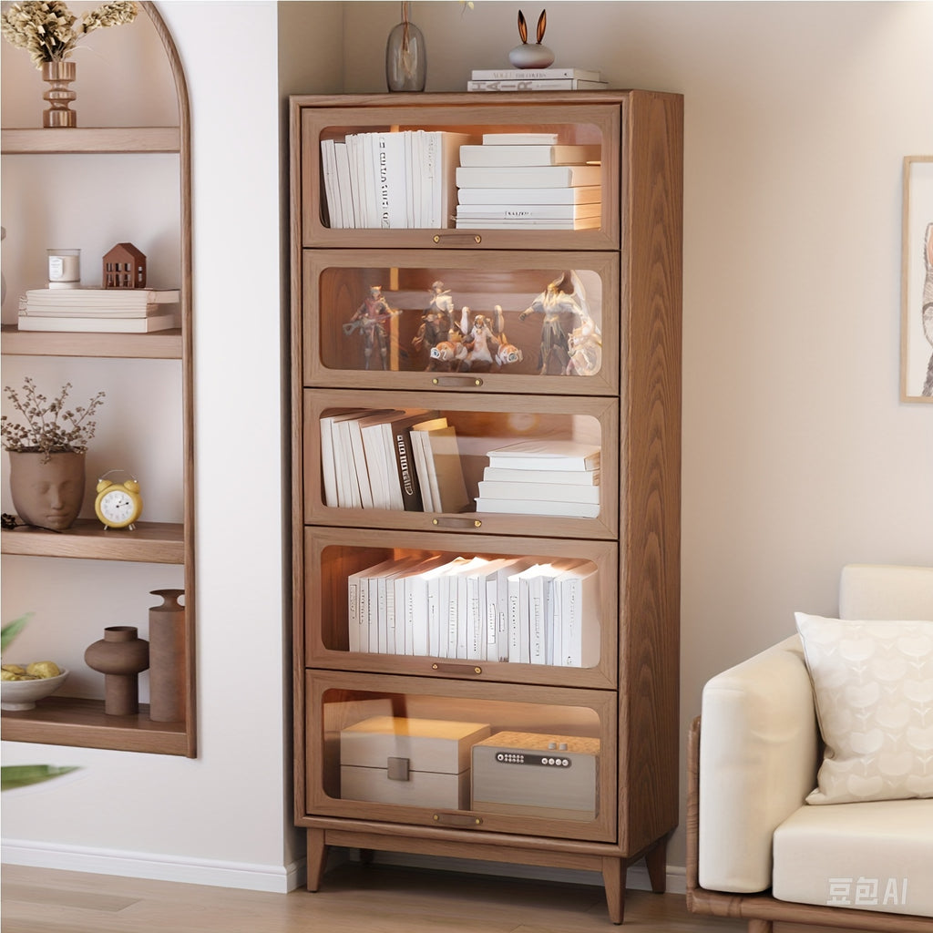 : Solid Wood Bookshelf with Glass Doors, Floor-Standing Storage Shelf, Wall-Mounted Narrow Cabinet with Extra Large Capacity, Bedside Bookcase with Storage Space, Christmas Gift, Black Friday Product