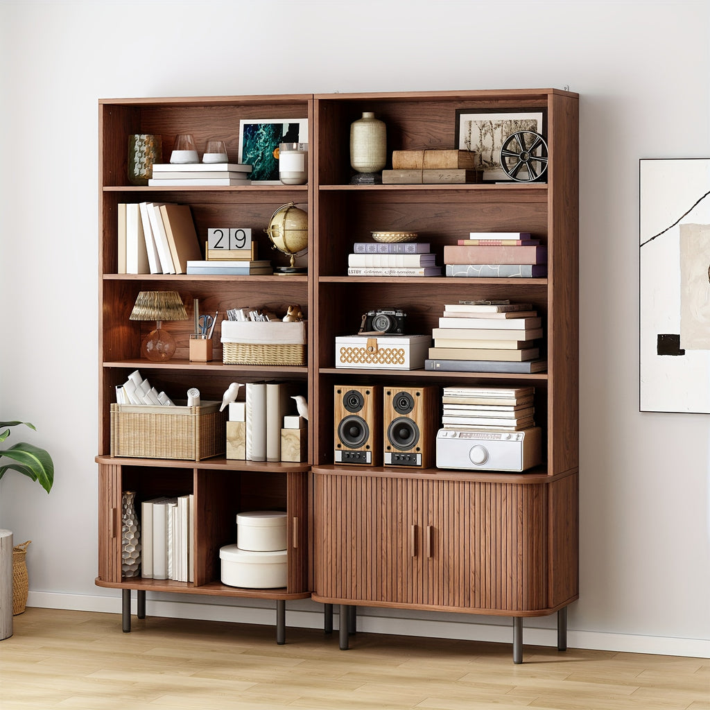 71-Inch Bookshelf Featuring 4 Shelves, Storage Cabinets, Adjustable Shelves with Sliding Doors, And Adjustable Feet, Suitable for Home Office Or Living Room in Walnut Finish.