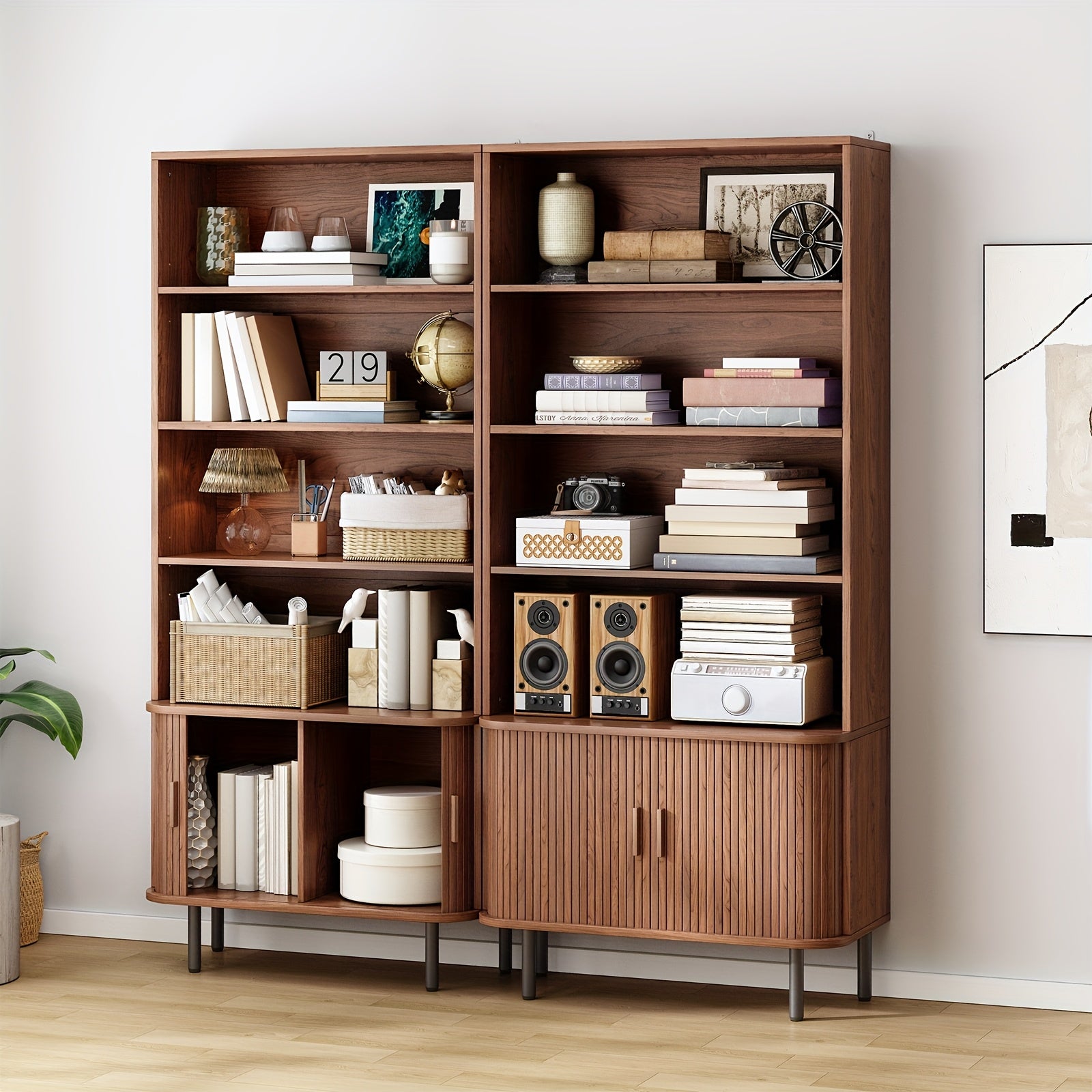 71-Inch Bookshelf Featuring 4 Shelves, Storage Cabinets, Adjustable Shelves with Sliding Doors, And Adjustable Feet, Suitable for Home Office Or Living Room in Walnut Finish.