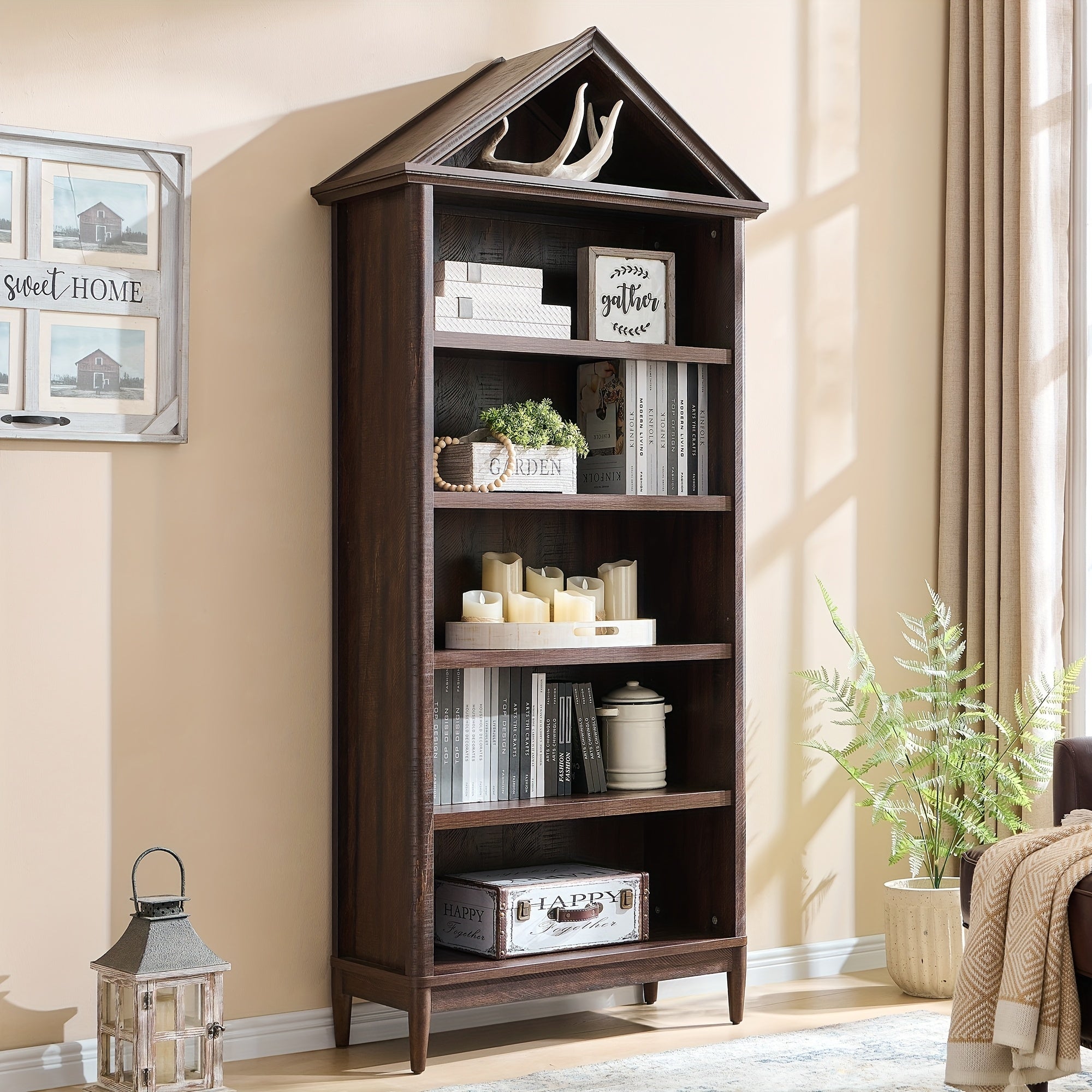 Modern Geometric Bookshelf Modern Geometric 75.9-Inch Tall Slanted Arch Bookshelf | Adjustable Shelves, Triangular Top Wooden Bookcase with Open Display Shelf - Suitable for Living Room