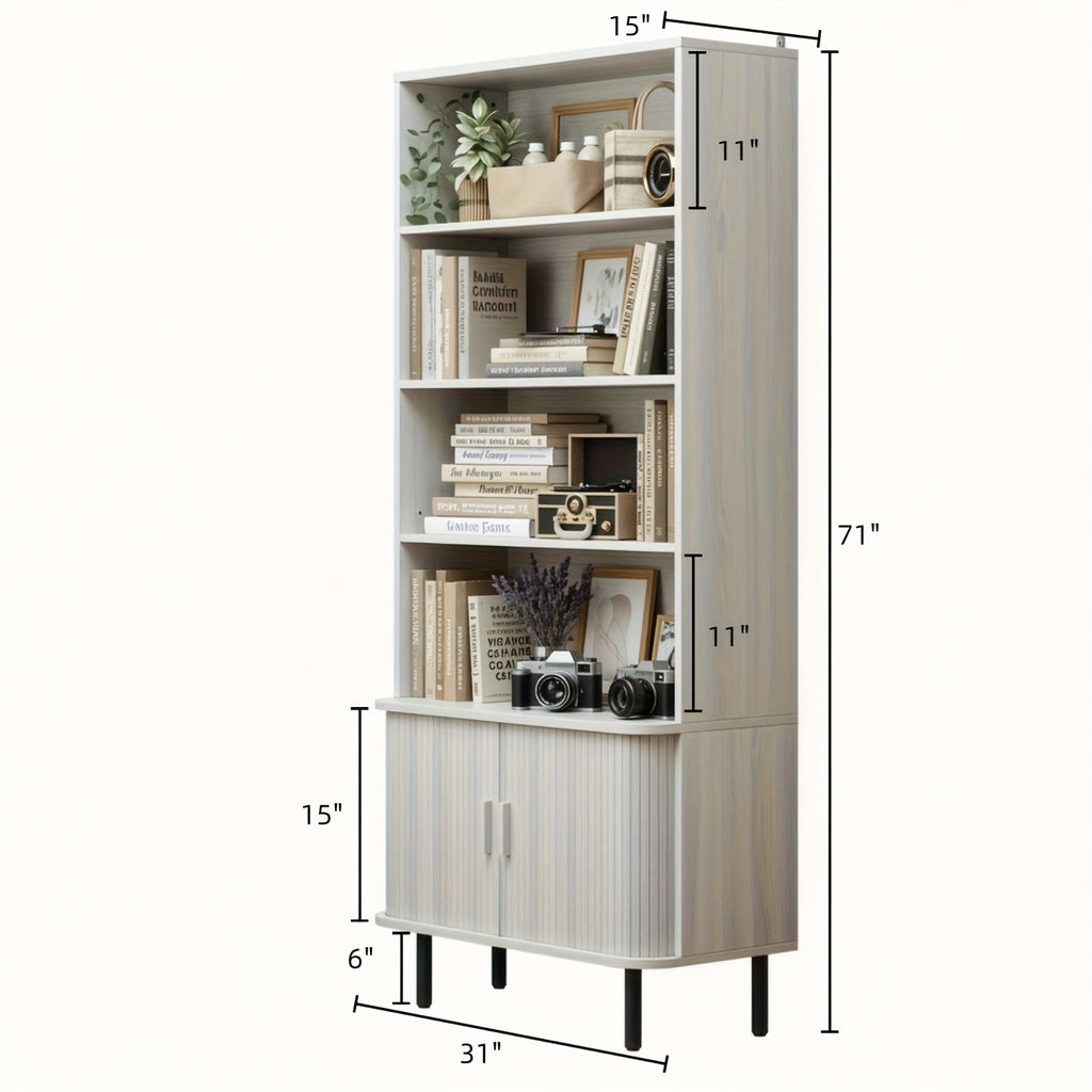 71-Inch Bookshelf Featuring 4 Shelves, Storage Cabinets, Adjustable Shelves with Sliding Doors, And Adjustable Feet, Suitable for Home Office Or Living Room in Walnut Finish.