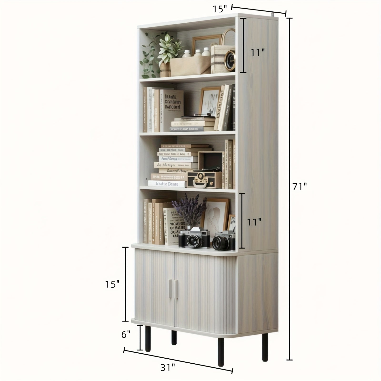 71-Inch Bookshelf Featuring 4 Shelves, Storage Cabinets, Adjustable Shelves with Sliding Doors, And Adjustable Feet, Suitable for Home Office Or Living Room in Walnut Finish.