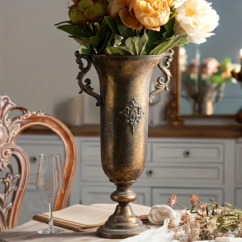 Vintage Metal Pedestal Vase, Vintage Golden Floral Embossed Floor Vase with Handles for Farmhouse Living Room & Entryway Decor