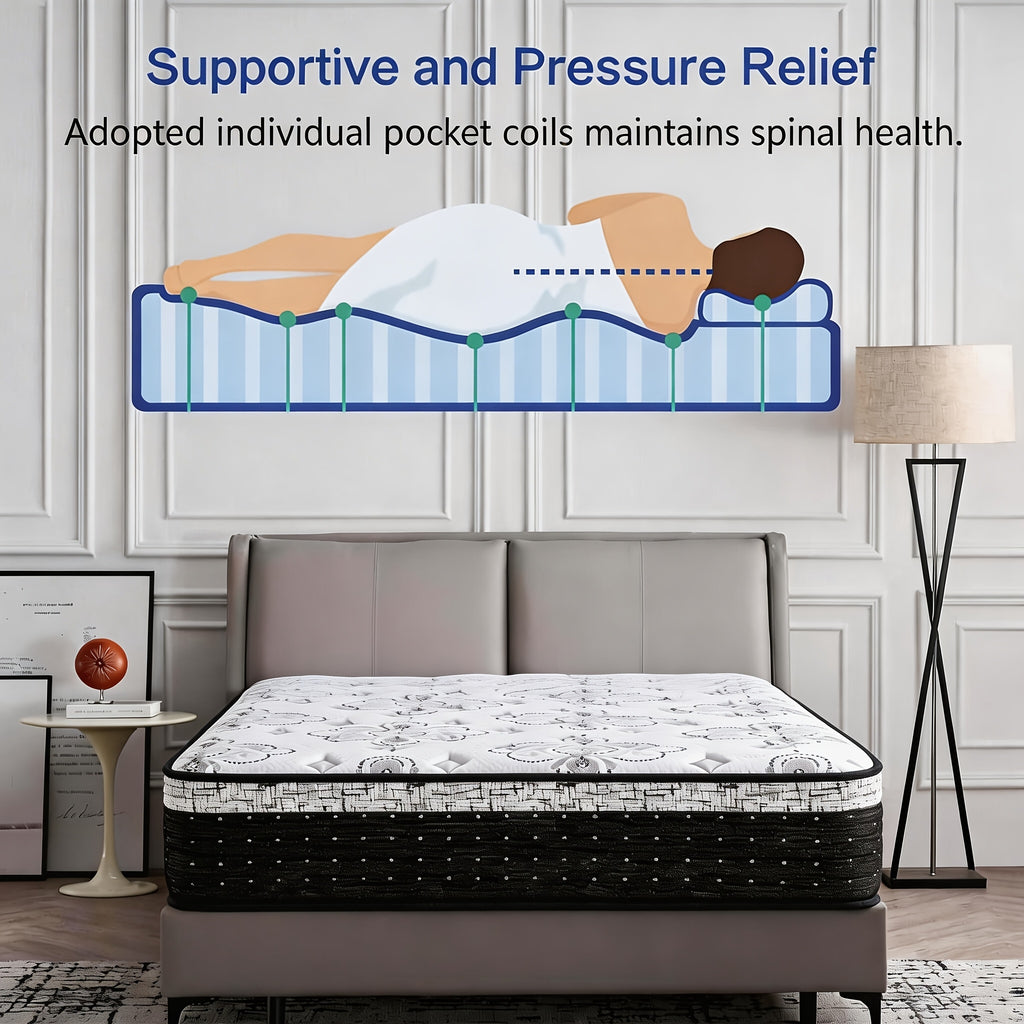 12\u002F14 Inch White Hybrid Mattress with Black Edge, Medium Firmness, Anti-Vibration Springs, 7-Zone High-Resilience Memory Foam for Precise Contouring, Optimal Lumbar Support. Suitable for Home And Hotel