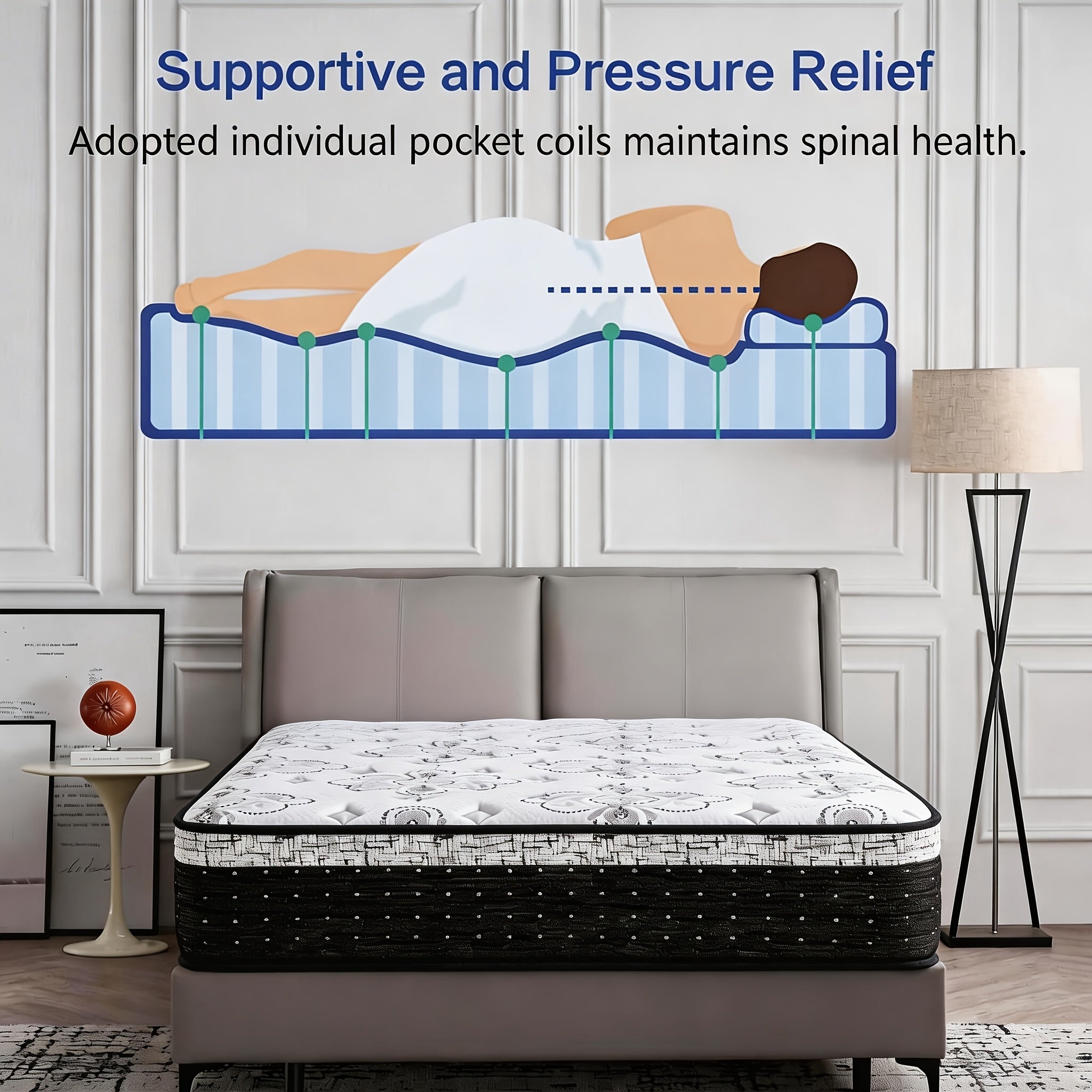 12\u002F14 Inch White Hybrid Mattress with Black Edge, Medium Firmness, Anti-Vibration Springs, 7-Zone High-Resilience Memory Foam for Precise Contouring, Optimal Lumbar Support. Suitable for Home And Hotel