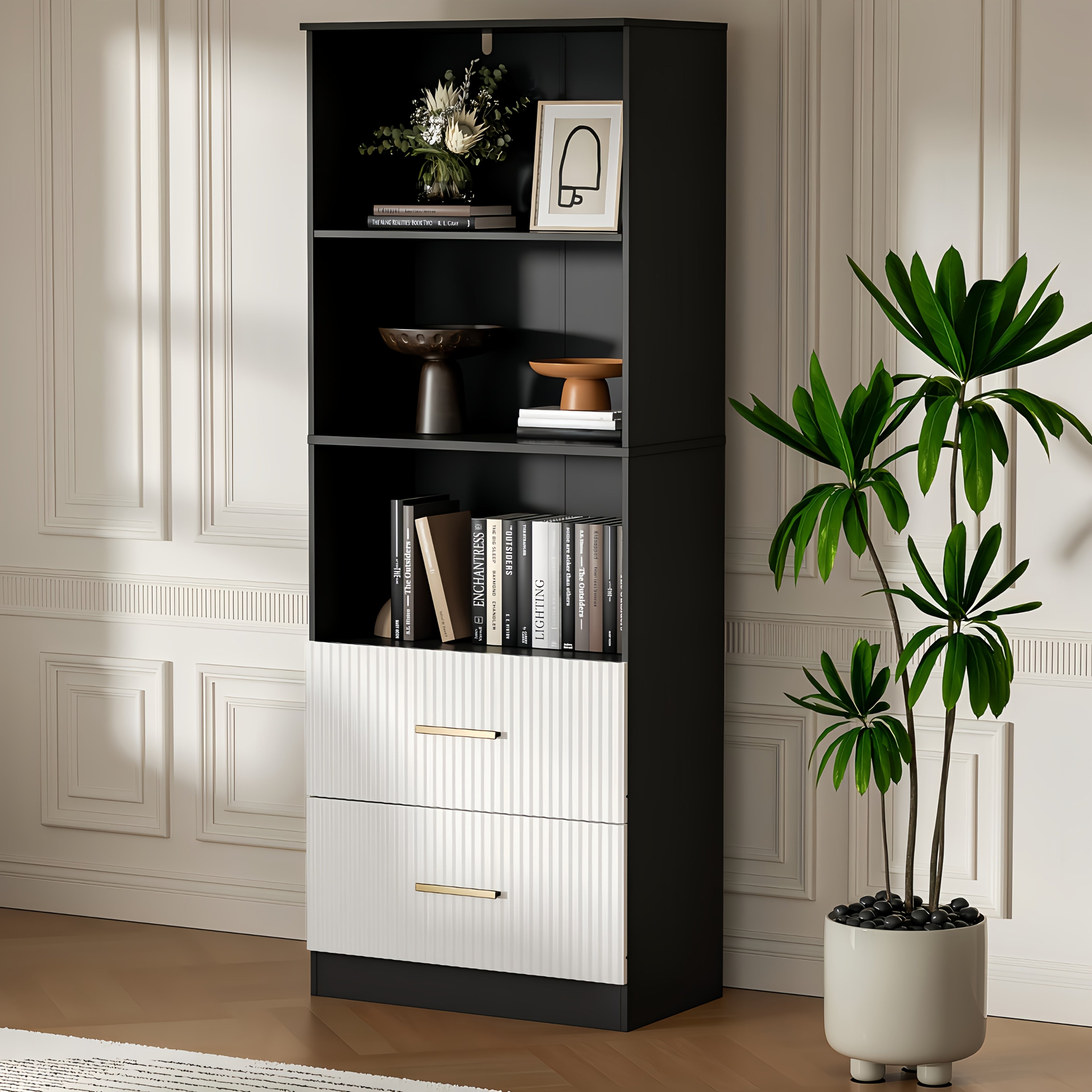 Modern White\u002FBlack\u002FOak Bookshelf with Arc Wave Design & Adjustable Shelves - Tall 63\
