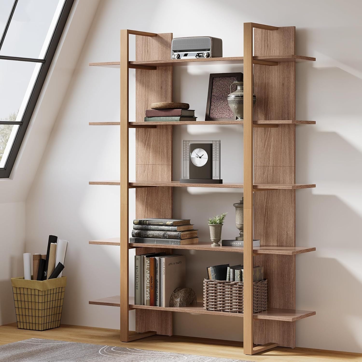 Boho Bookcase 5-Tier Book Shelf, 47 Inches Wide Bookcase | Boho Open Bookshelves Etagere Display Office Shelving Unit for Living Room, Office & Bedroom - Unique Wooden Decor Furniture, Christmas Decorations for Home, Easy Assembly, Mounted Closet Systems