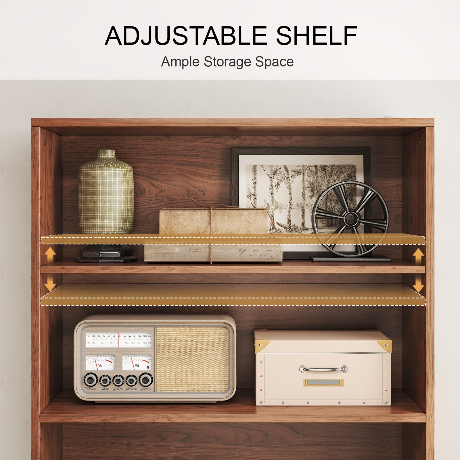 71-Inch Bookshelf Featuring 4 Shelves, Storage Cabinets, Adjustable Shelves with Sliding Doors, And Adjustable Feet, Suitable for Home Office Or Living Room in Walnut Finish.