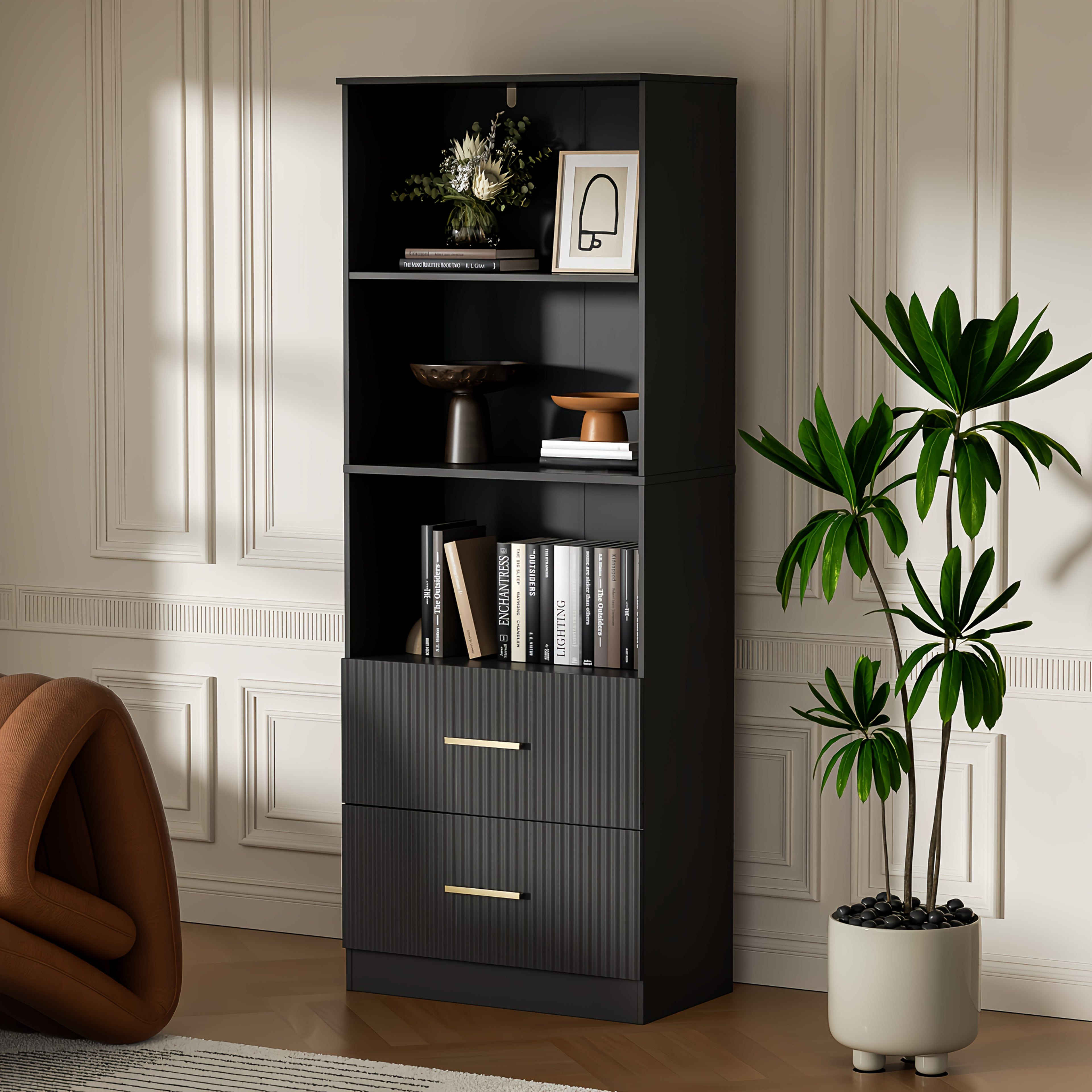 Modern White\u002FBlack\u002FOak Bookshelf with Arc Wave Design & Adjustable Shelves - Tall 63\