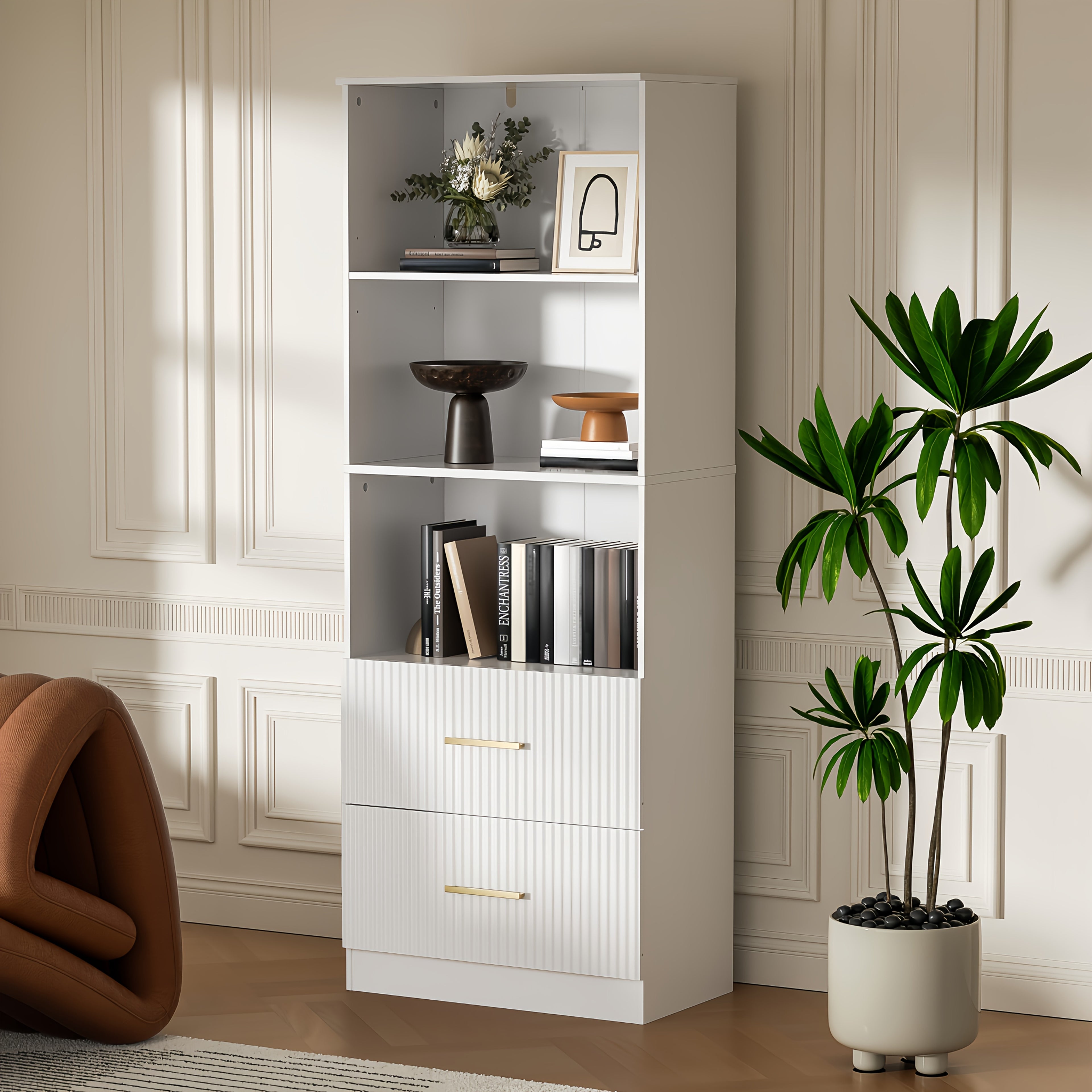 Modern White\u002FBlack\u002FOak Bookshelf with Arc Wave Design & Adjustable Shelves - Tall 63\