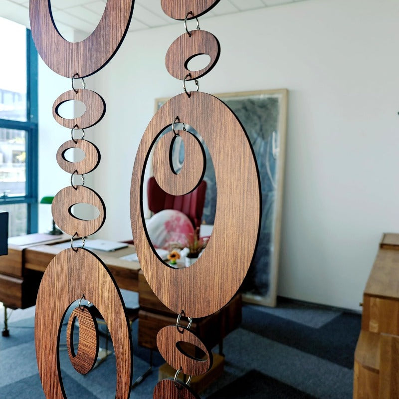 30pcs Mid Century Modern Wall Art Walnut Atomic Ovals | Decorative PVC Room Dividers for Bedroom, Dining, Study | Size 14.2\